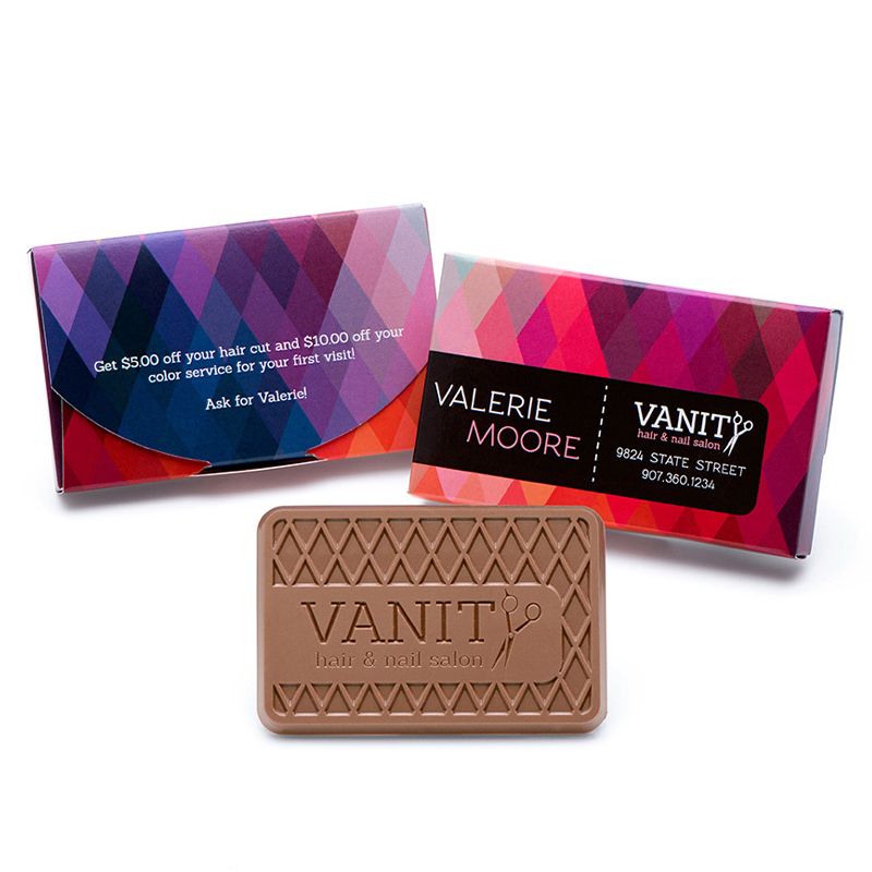 Credit card sized engraved chocolate in a sleeve